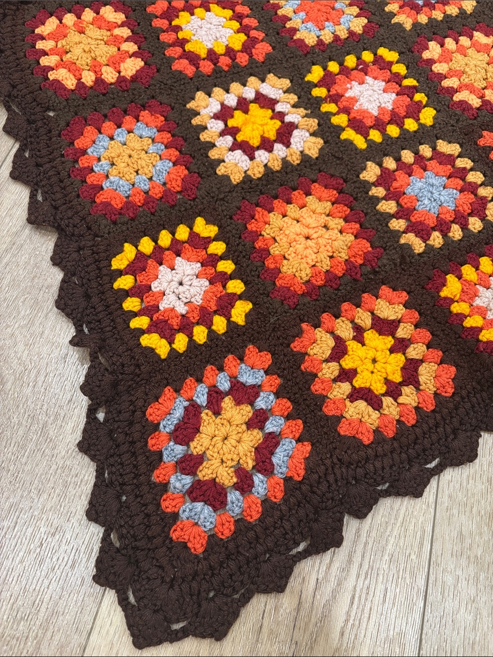Handmade Crochet Granny Square Blanket in Brown, Orange, Yellow, Red, Blue